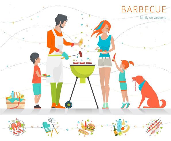 Famille barbecue sur le gril avec un ensemble de différents aliments le long du fond vecteur