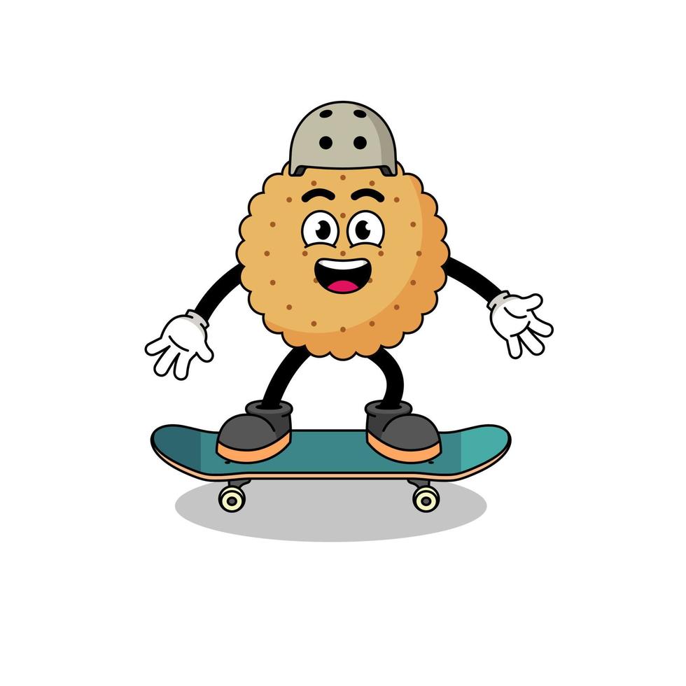 mascotte de biscuit rond jouant d'un skateboard vecteur