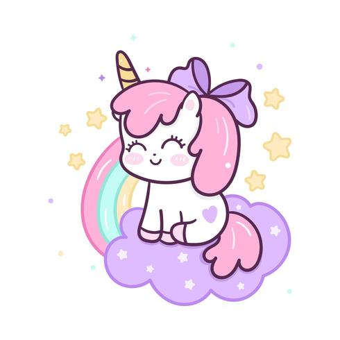 Dessin animé mignon Licorne avec arc-en-ciel et nuage vecteur