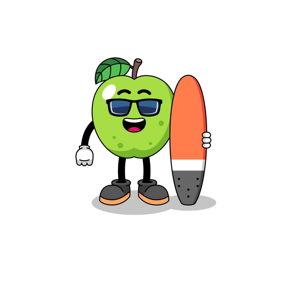 caricature de mascotte de pomme verte en tant que surfeur vecteur