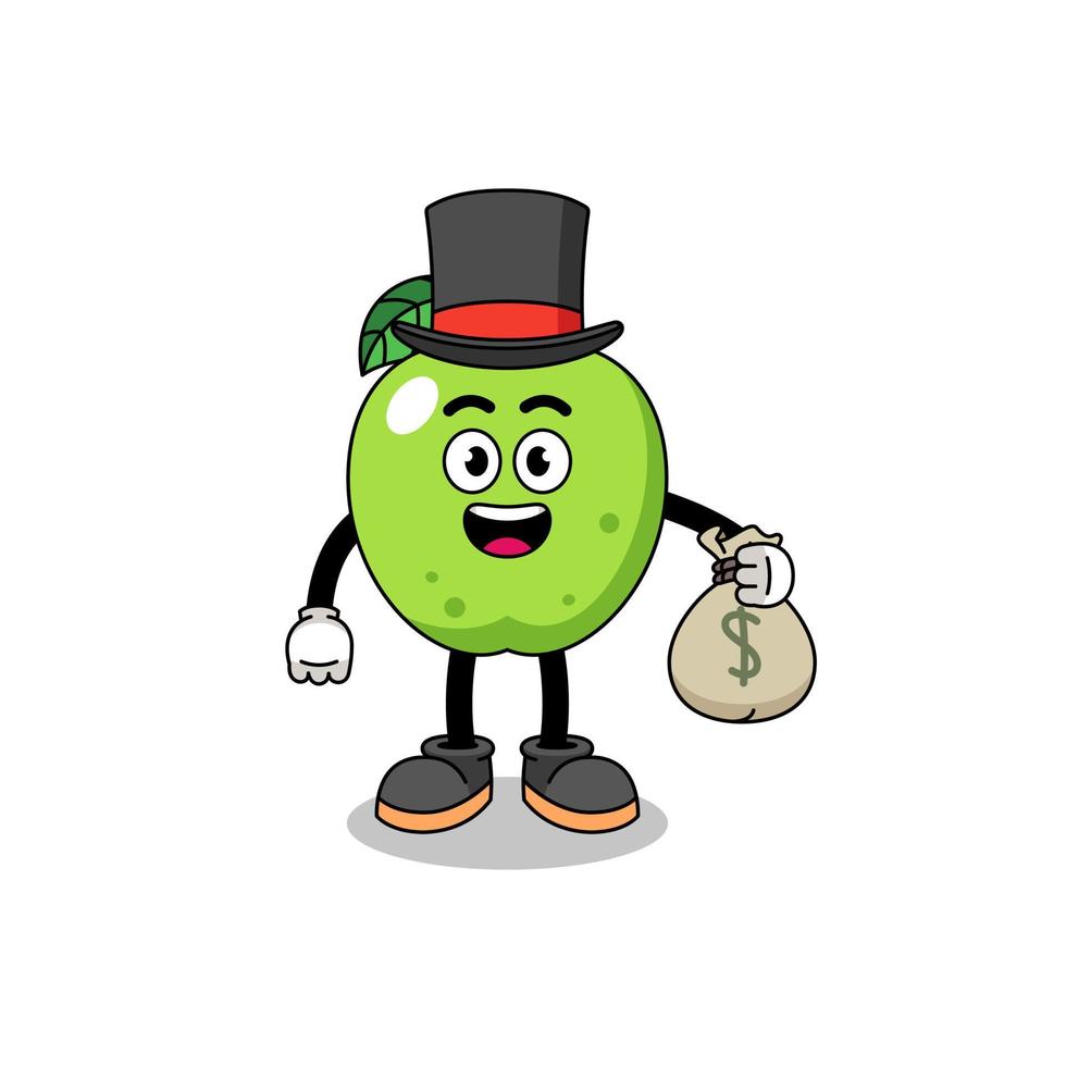 illustration de mascotte de pomme verte homme riche tenant un sac d'argent vecteur