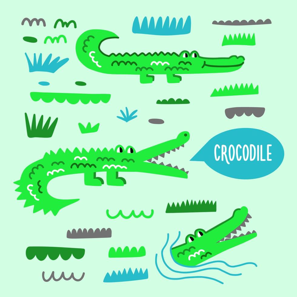 collection de crocodiles de dessin animé mignon dans différentes poses et nature vecteur