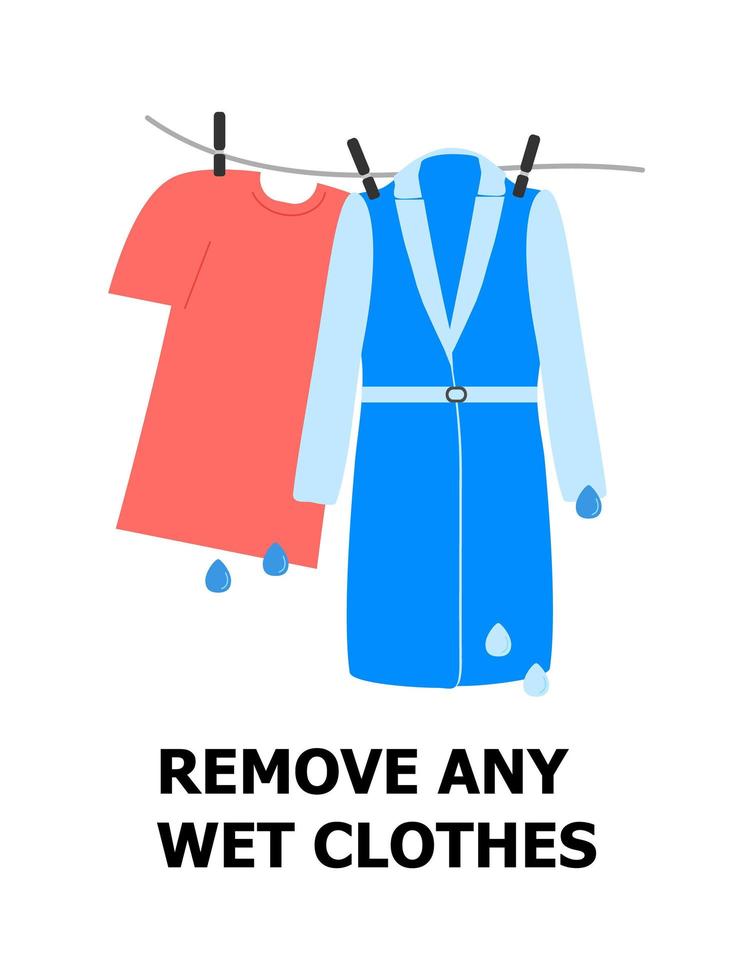 supprimer toute illustration de vêtements mouillés. le t-shirt et le manteau sont suspendus et sèchent. premiers secours en cas de gelure. soins de santé simples vecteur