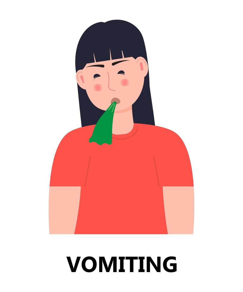 vecteur d'icône de vomissements. intoxication, mauvaise digestion, ulcère de l'estomac sont indiqués. fille vomit et souffre. illustration de la personne infectée.