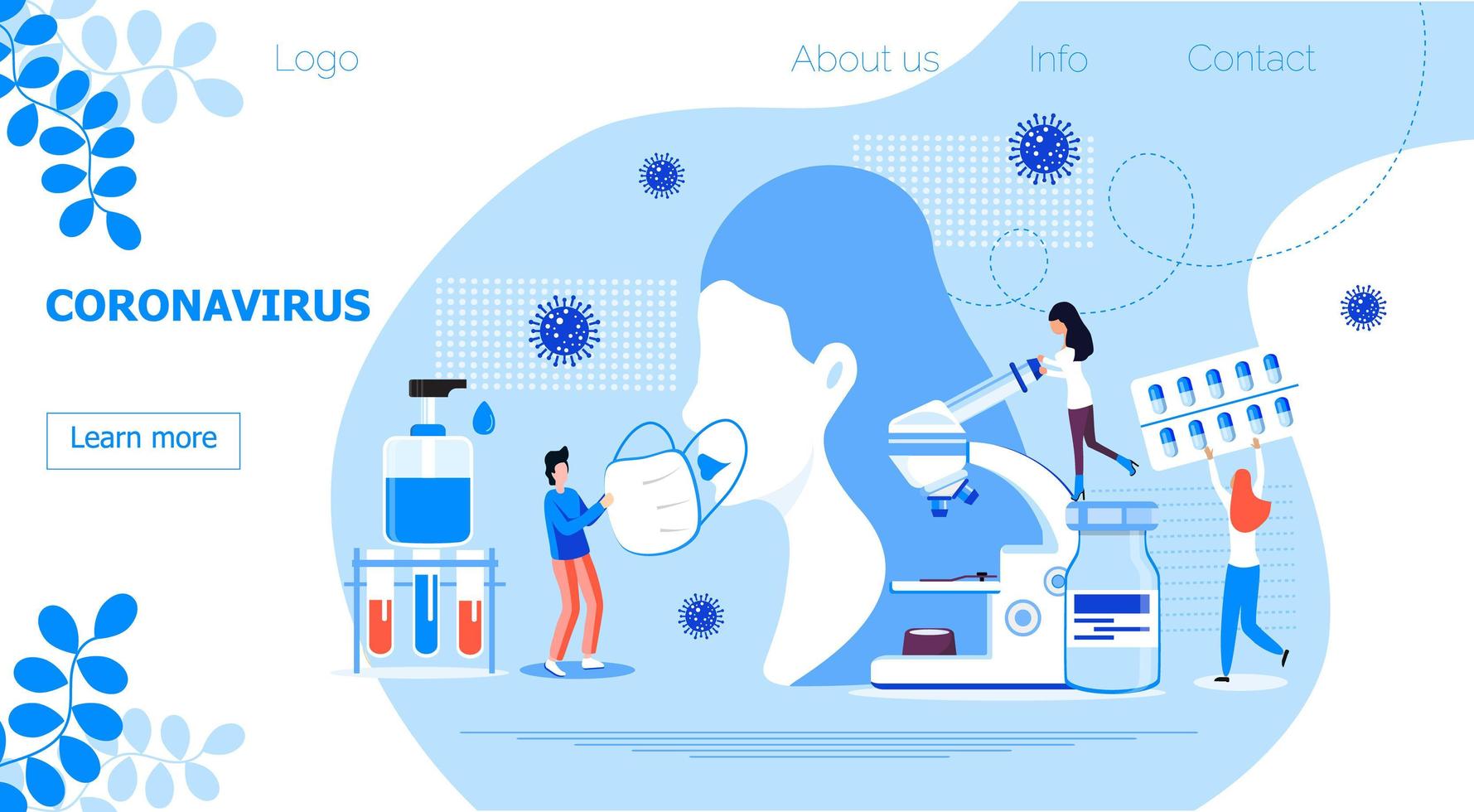 vecteur de concept de coronavirus pour la page d'accueil. de petits médecins traitent le patient. signe cov-19. pose de masque pour sauver une femme infectée. situation pandémique, science