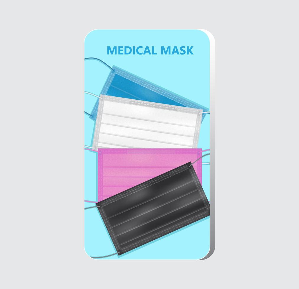 masques colorés chirurgicaux sur l'écran du smartphone. illustration anti-pandémique des soins de santé. masques de protection médicale pour médecins vecteur