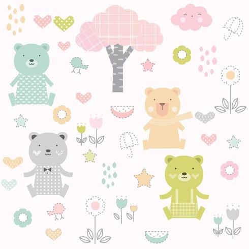 bébé ours et dessin animé de fleurs - modèle sans couture vecteur