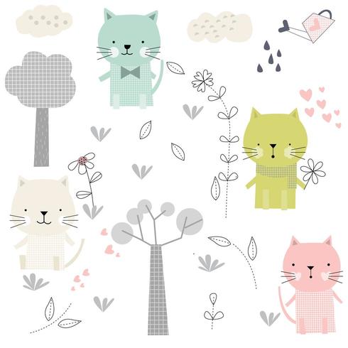 dessin animé mignon de chat bébé et modèle sans couture fleurs vecteur