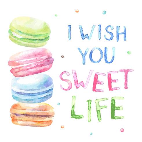 Macarons aquarelles avec texte I Wish You Sweet Life vecteur