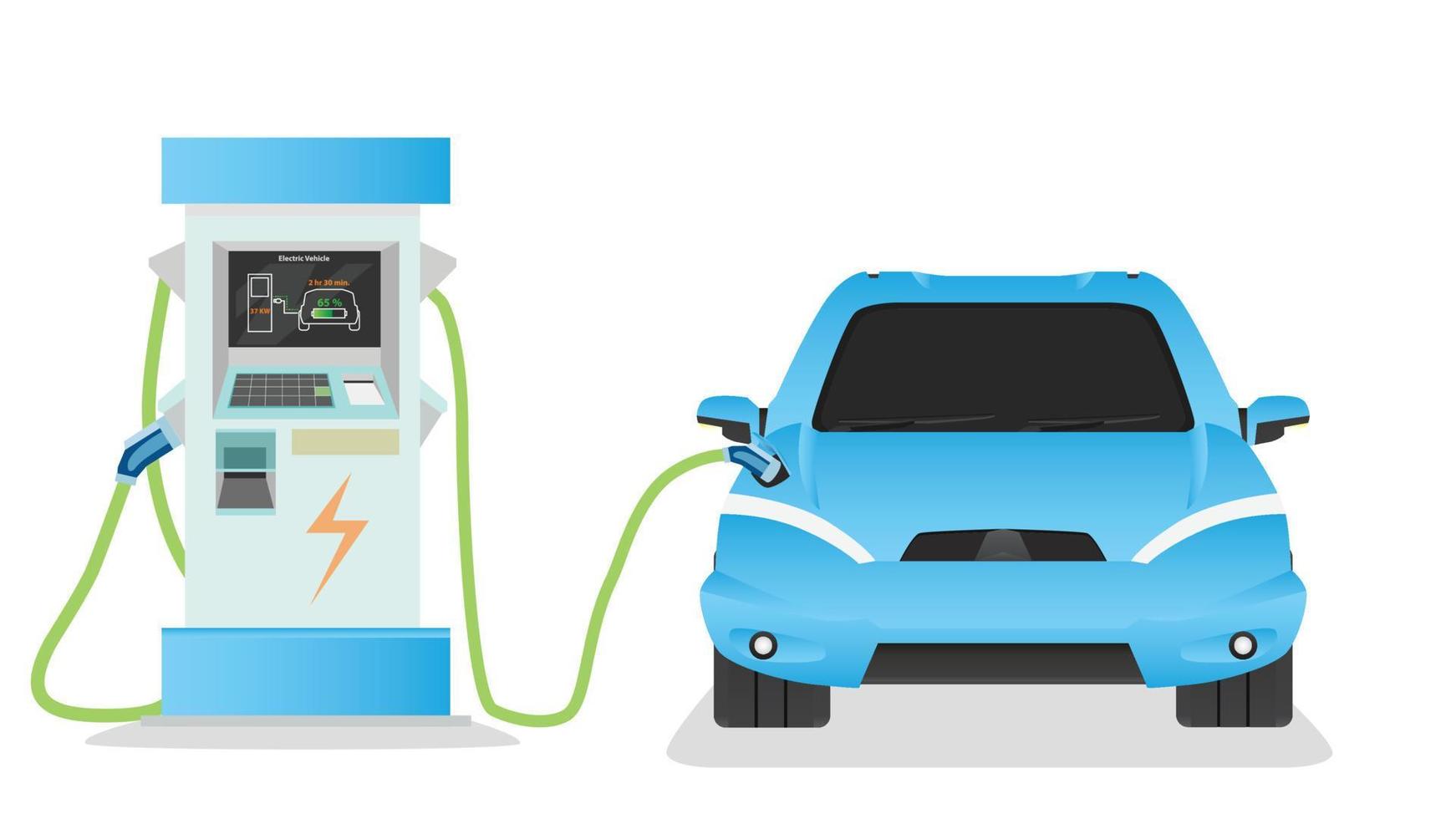 véhicule électrique devant la voiture de sport chargeant le parking à la station de charge avec un câble de prise. charge dans le côté supérieur de la voiture à la batterie. illustration vectorielle plane isolée sur fond blanc. vecteur