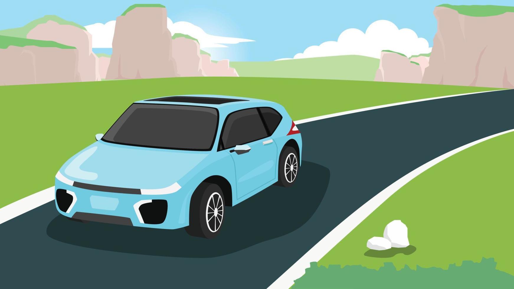 véhicule électrique sport voiture bleue sur route vide. zone écologique d'herbe verte et de montagne de pierre en arrière-plan. vecteur