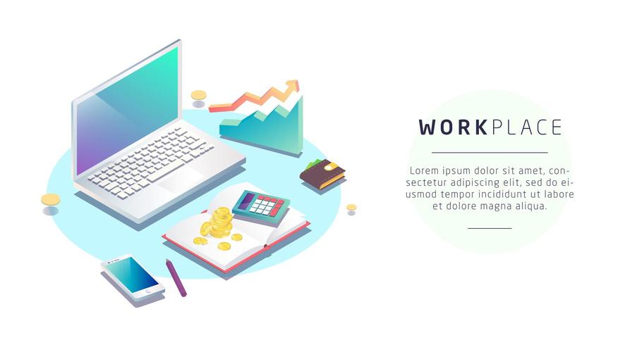 Concept isométrique du lieu de travail avec ordinateur portable et équipement de bureau vecteur