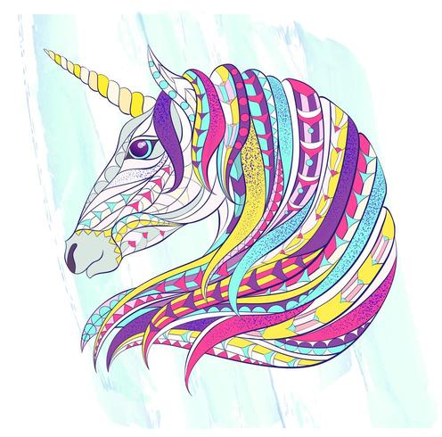 Tête de la Licorne à motifs sur fond de coup de pinceau vecteur