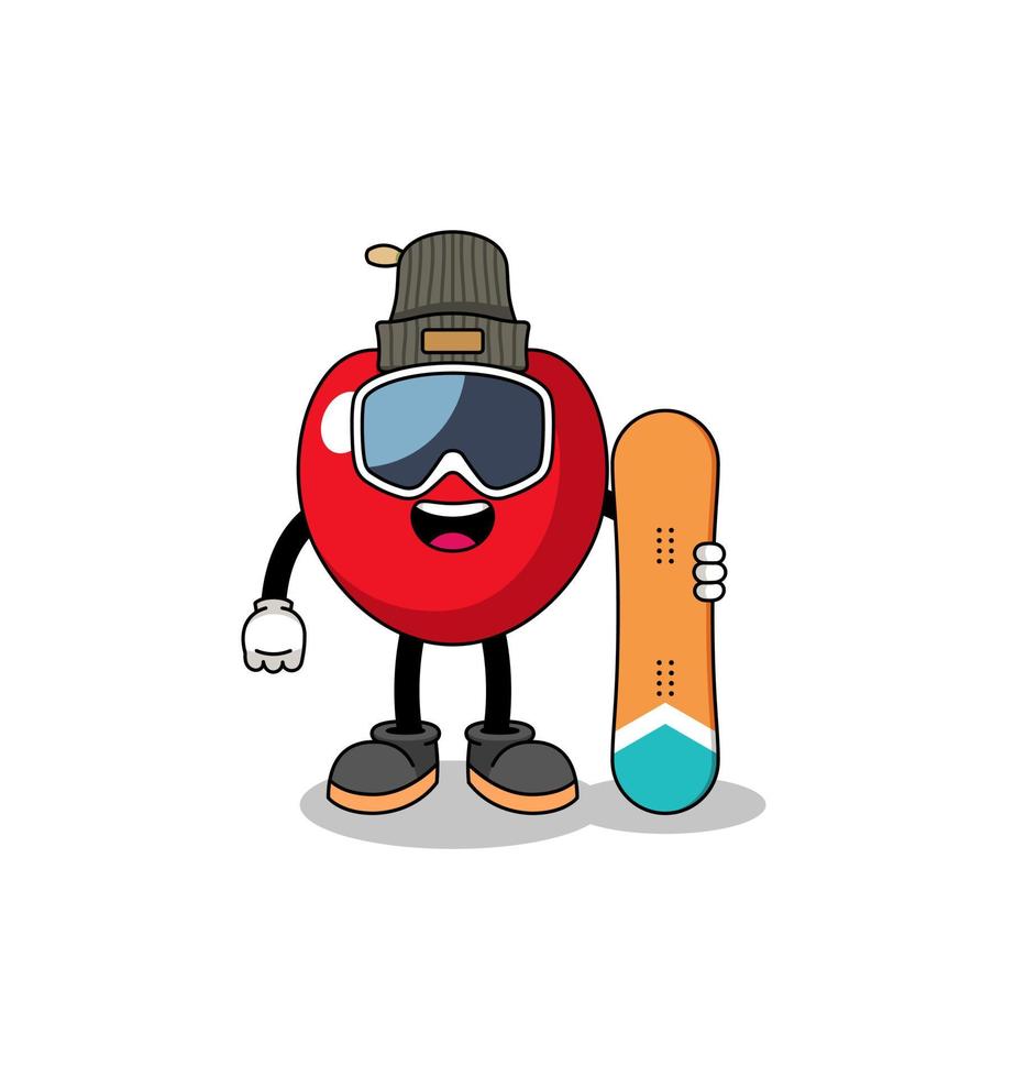 caricature de mascotte de joueur de snowboard cerise vecteur