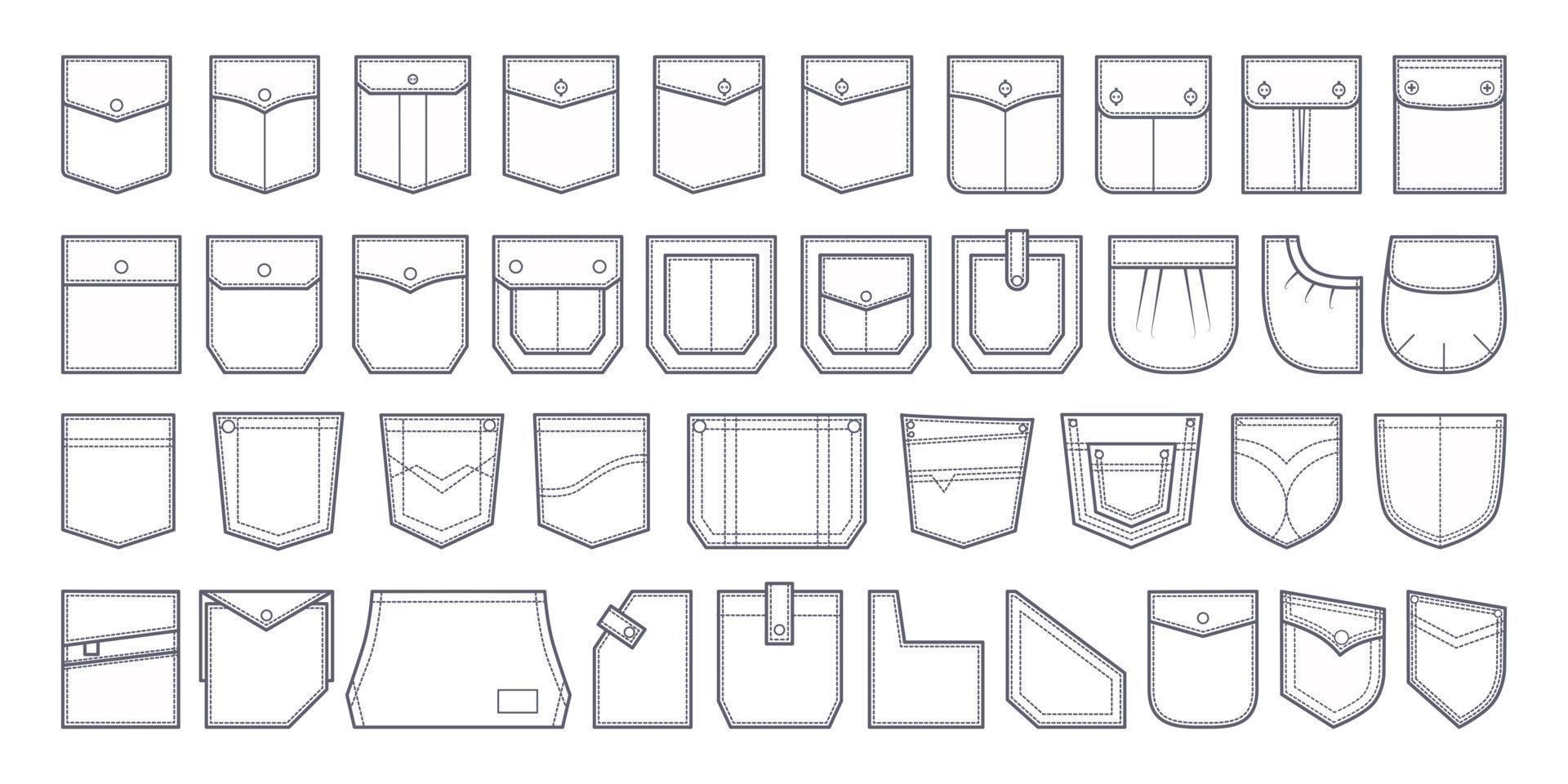 ensemble d'écussons de poche. poches pour chemise de design de mode, robe, denim, formes rondes, ovales, rectangulaires. graphiques vectoriels dans le contour de l'esquisse. icône. vecteur