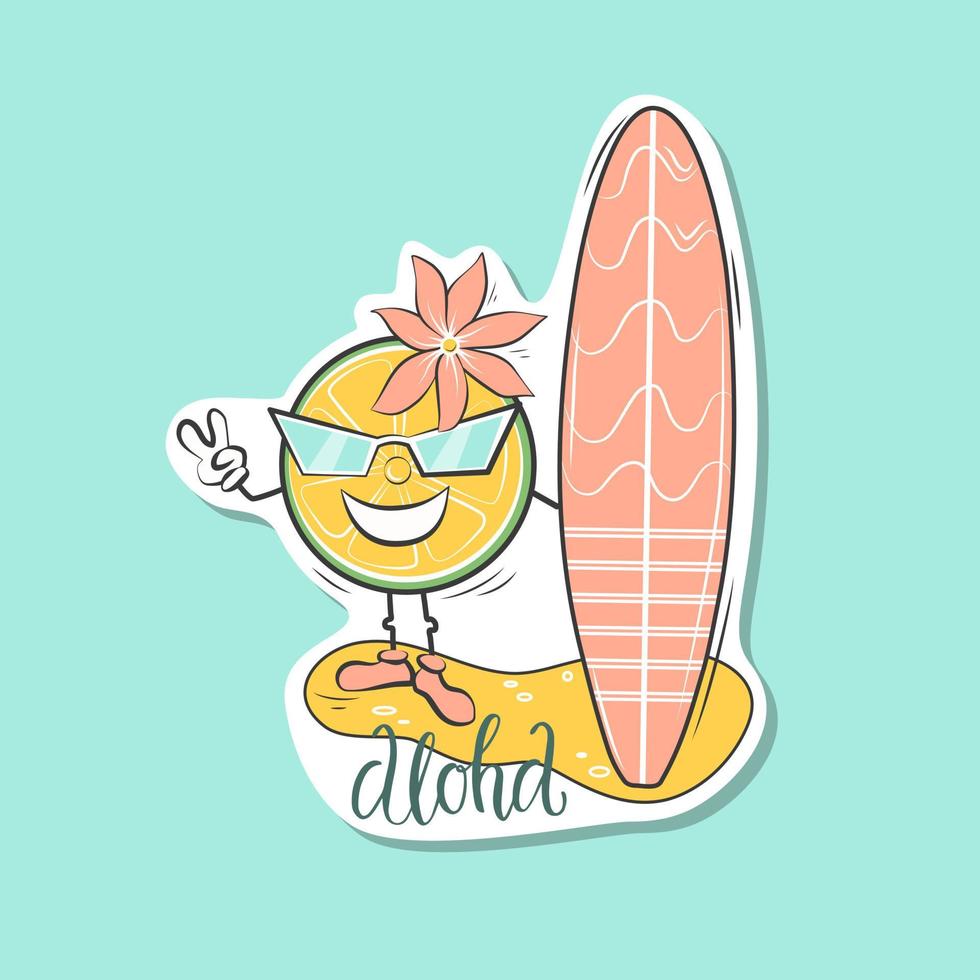 autocollant d'été avec un surfeur de citron et l'inscription aloha. illustration vectorielle. vecteur