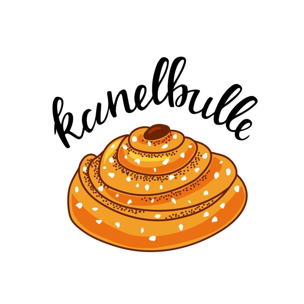 brioche à la cannelle avec calligraphie sur fond blanc. dessin animé. illustration vectorielle. vecteur