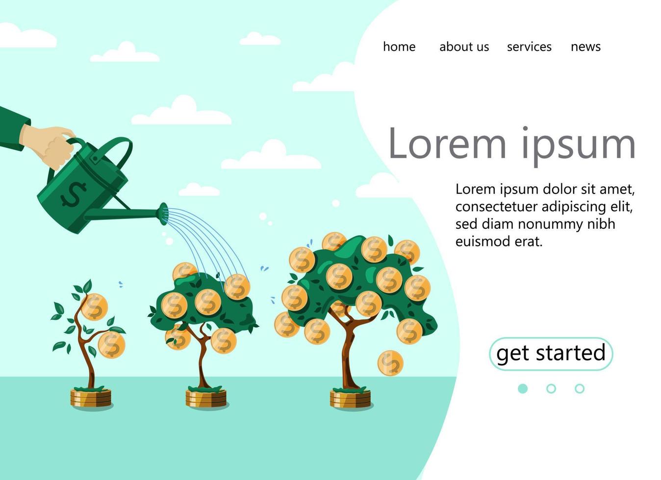 la page d'accueil d'un site Web avec une augmentation des revenus en espèces. affaires. verser. illustration vectorielle d'arbres d'argent. vecteur
