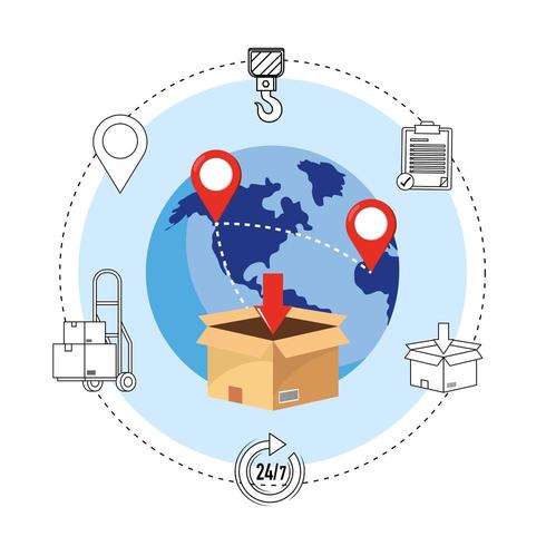 icônes de livraison avec boîte et globe montrant les points de la carte vecteur