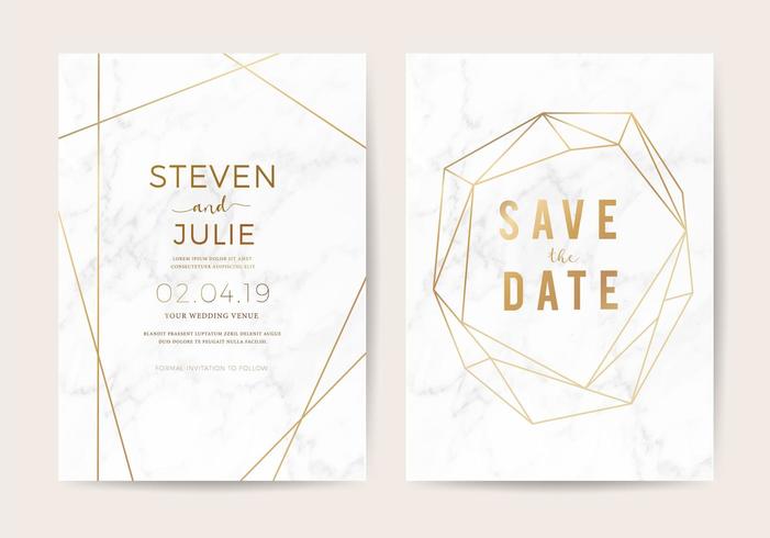 Cartes d&#39;invitation de mariage de luxe avec texture en marbre blanc et bordure dorée vecteur