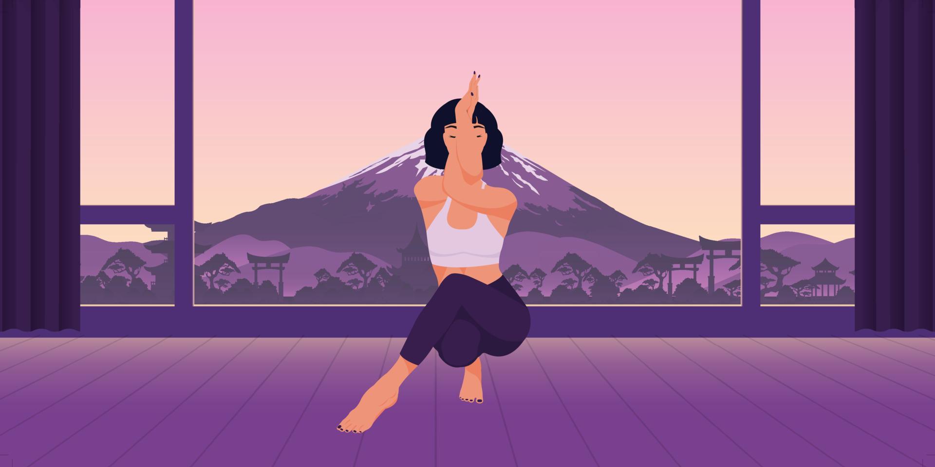 illustration vectorielle représentant une méditation du soir dans la nature. une belle fille faisant du yoga. ville asiatique et montagne en arrière-plan. vecteur