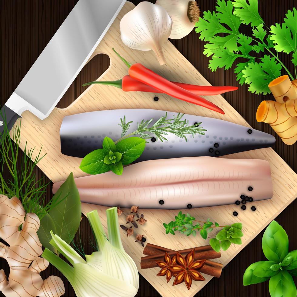 épices et herbes et fruits de mer avec planche à découper et couteau vecteur