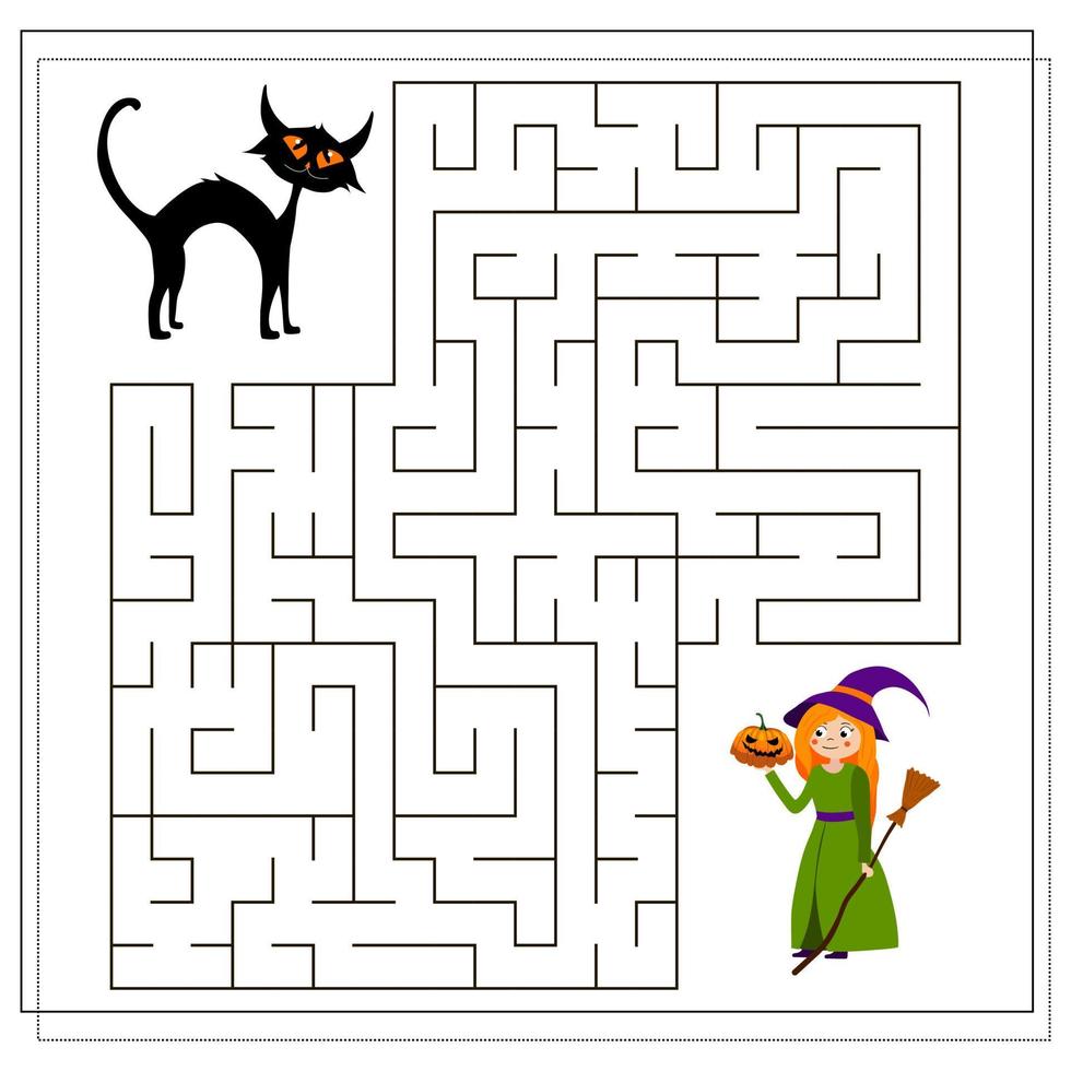 labyrinthe pour enfants chat noir et sorcière vecteur