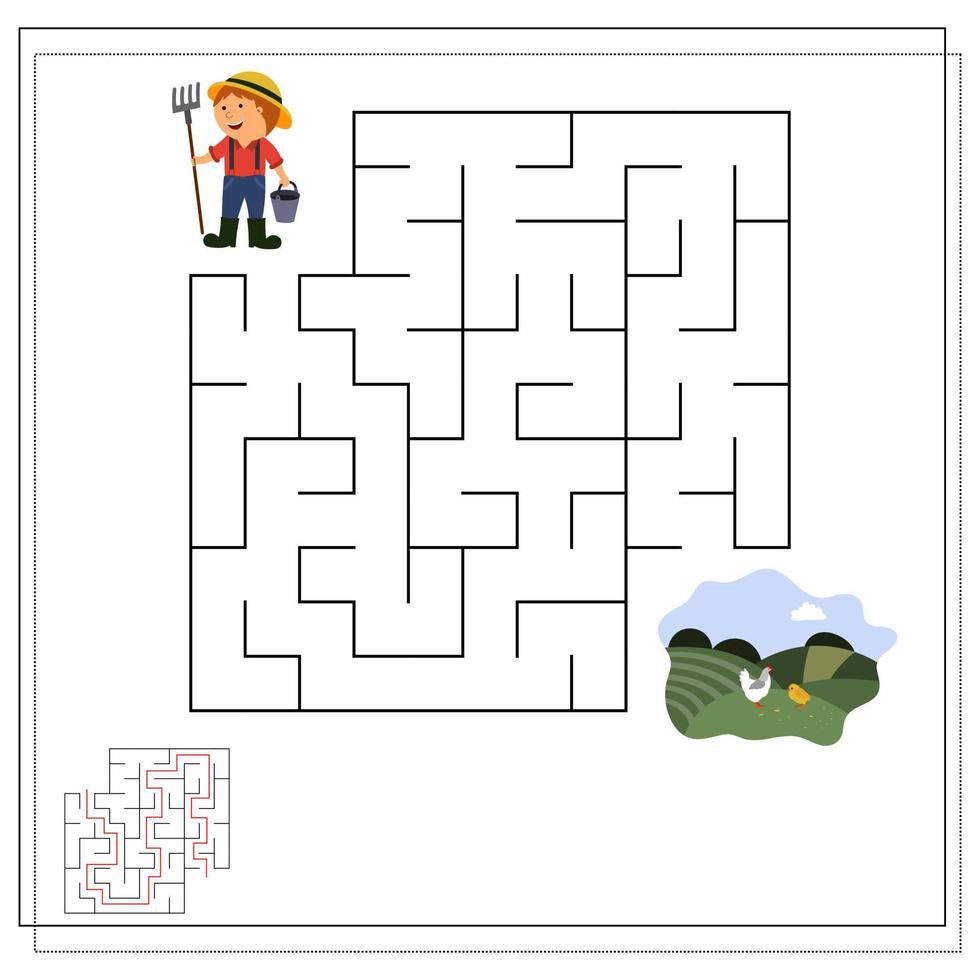 un jeu de logique pour les enfants, parcourez le labyrinthe, fermier dans le champ. vecteur