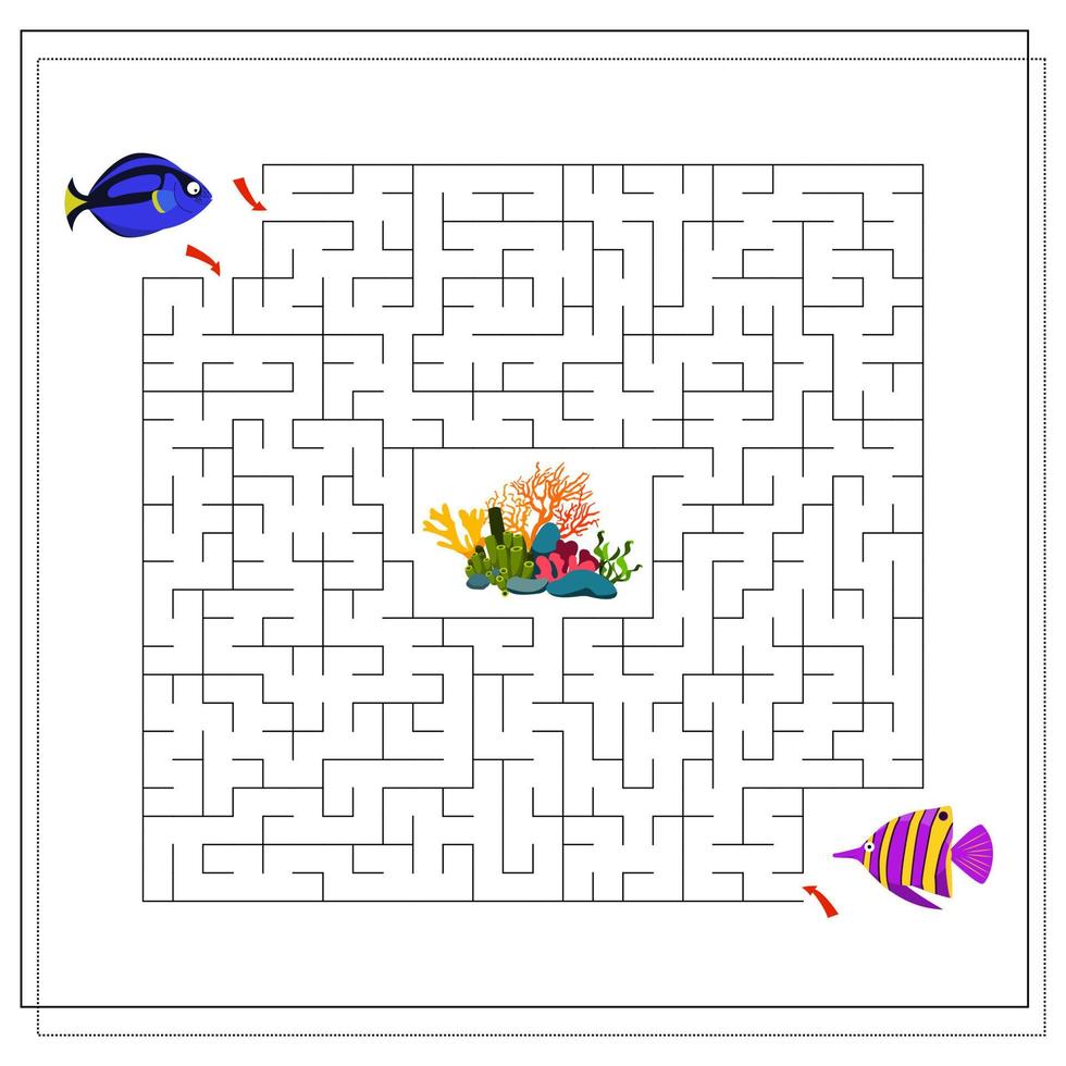 un jeu de labyrinthe pour les enfants. aider les poissons à nager jusqu'au corail. pêcheur de dessin animé. vecteur