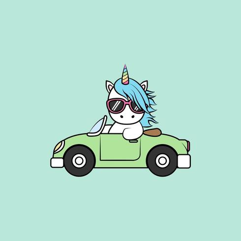 Licorne mignonne conduite voiture de dessin animé vecteur