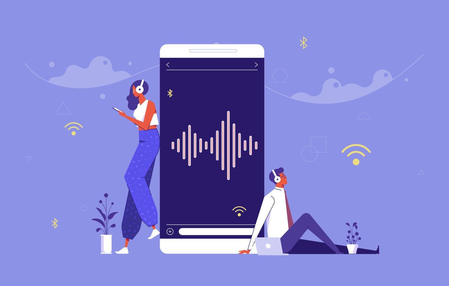 homme et femme écoutent de la musique sur leur smartphone, concept de divertissement musical en ligne vecteur