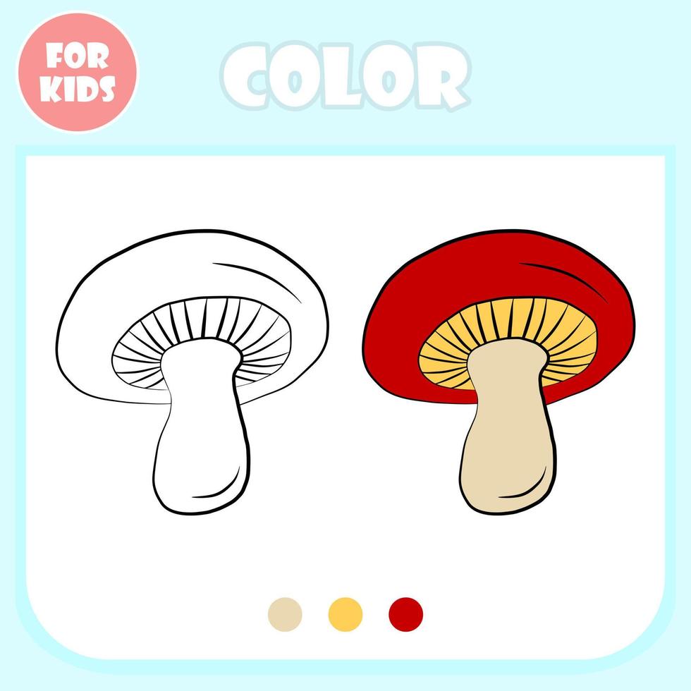 modèle de dessin animé de vecteur de page de livre de coloriage, jeu éducatif pour les enfants, concept d'apprentissage préscolaire, forme de nourriture végétale de champignon de doodle isolée, jeu de dessin de couleur élémentaire pour les enfants.