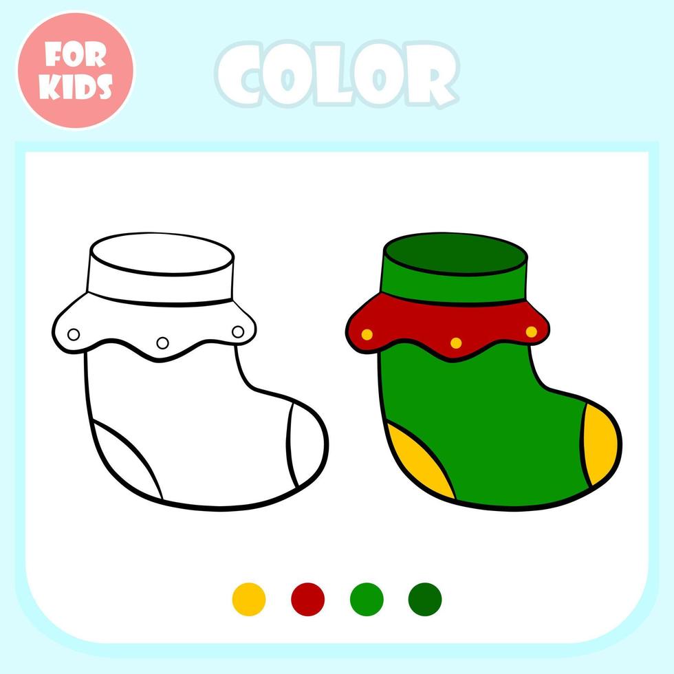 modèle de dessin animé de vecteur de page de livre de coloriage, jeu éducatif pour les enfants, concept d'apprentissage préscolaire, forme de chaussettes de noël doodle isolée, jeu de dessin de couleur élémentaire pour les enfants.