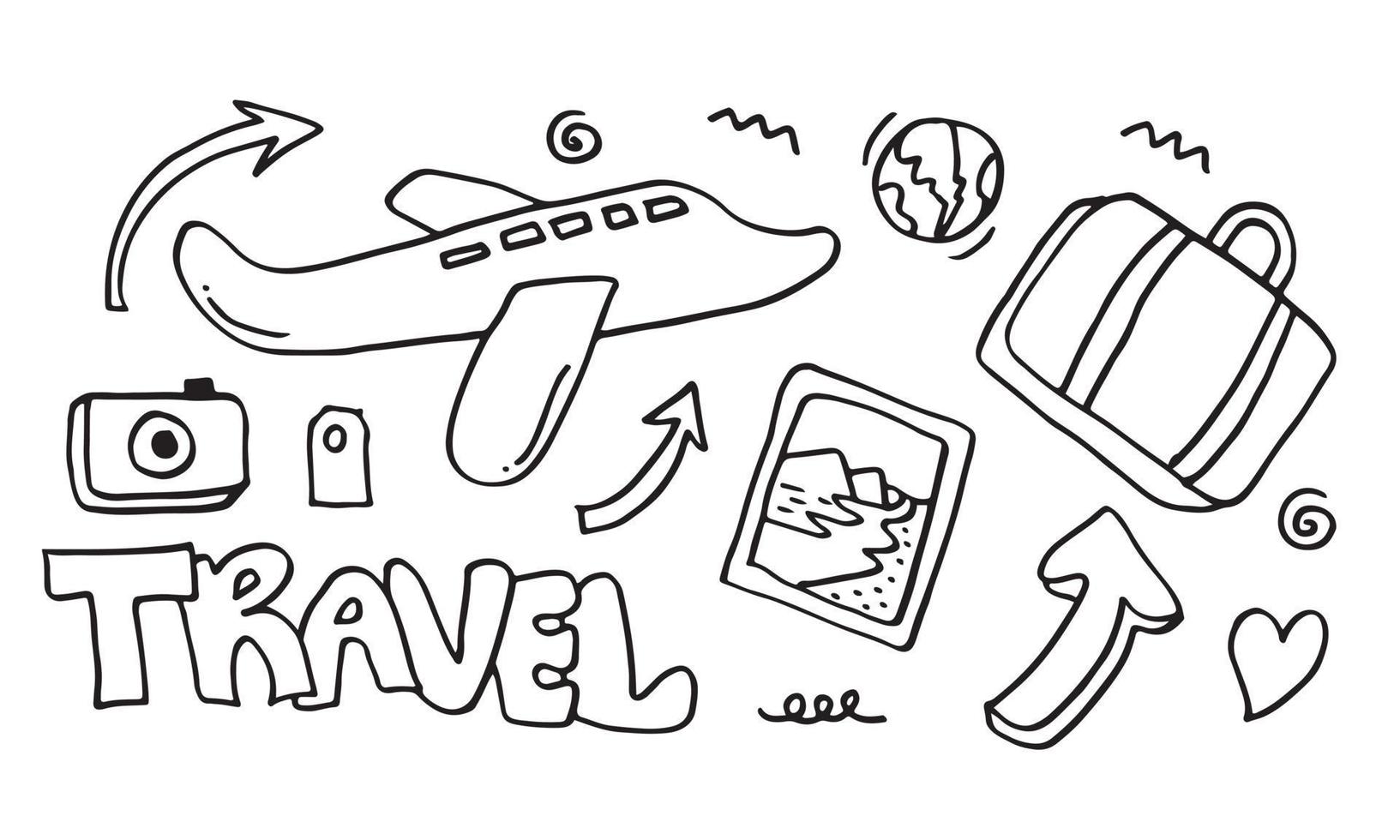 ensemble de doodle de voyage dessinés à la main. illustration vectorielle.doodle conception de collection de voyages dans le monde de l'art. vecteur