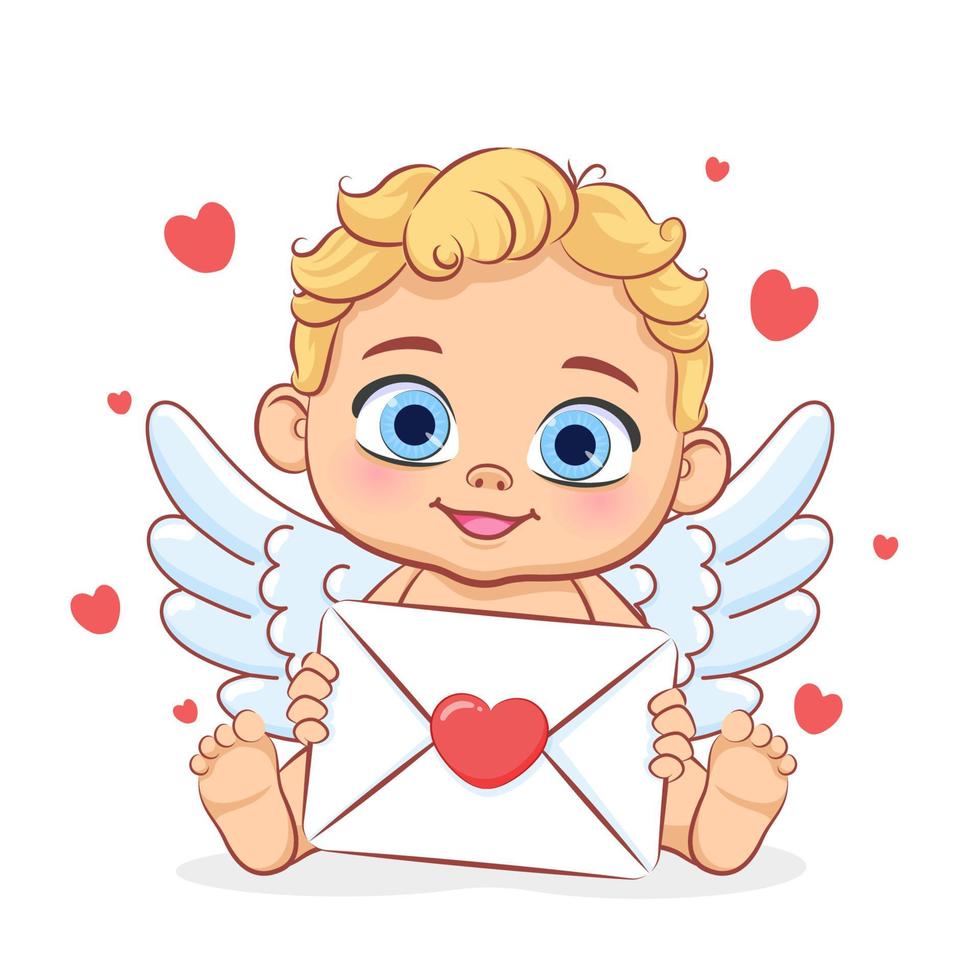 mignon bébé cupidon avec une lettre de la saint-valentin. illustration de dessin animé de vecteur. vecteur