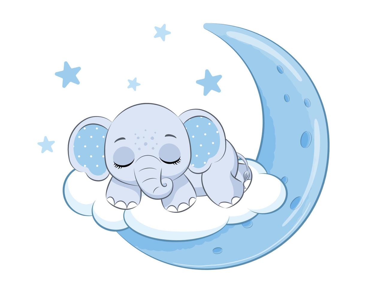 mignon garçon éléphant dormant sur la lune. illustration vectorielle d'un dessin animé. vecteur