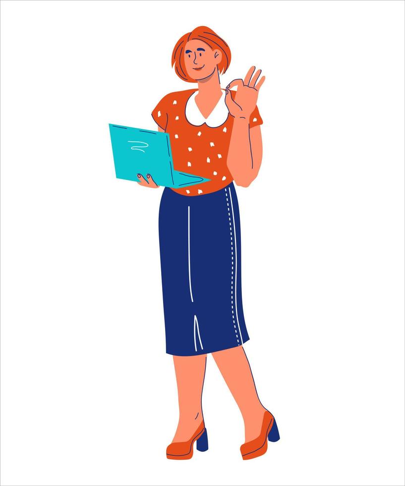 femme d'affaires avec ordinateur portable dans les mains montrant un geste ok, illustration de vecteur de dessin animé isolé sur fond blanc. femme confiante réussie faisant carrière.