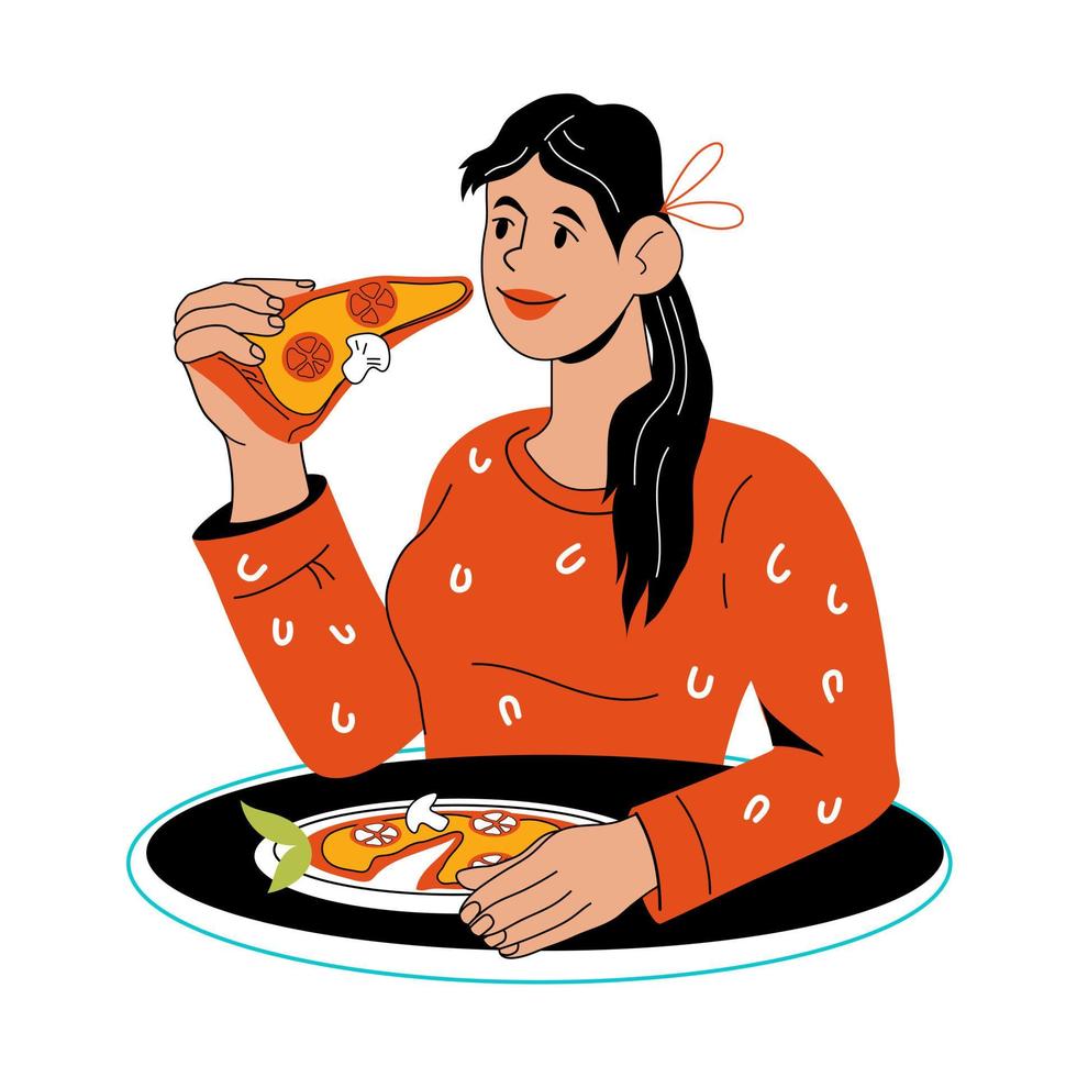 heureuse femme joyeuse est assise à la table et mange de la pizza, illustration de vecteur de dessin animé isolée sur fond blanc. jeune fille au restaurant italien ou au café pizzeria.