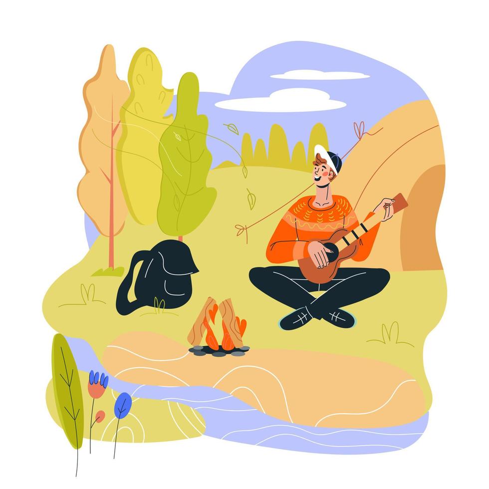 touriste assis et chantant près d'un feu de camp et d'une tente de camping. concept de randonnée, de tourisme et de voyage. aventure estivale sur la nature et pique-nique en plein air. illustration de vecteur de dessin animé plat isolé.