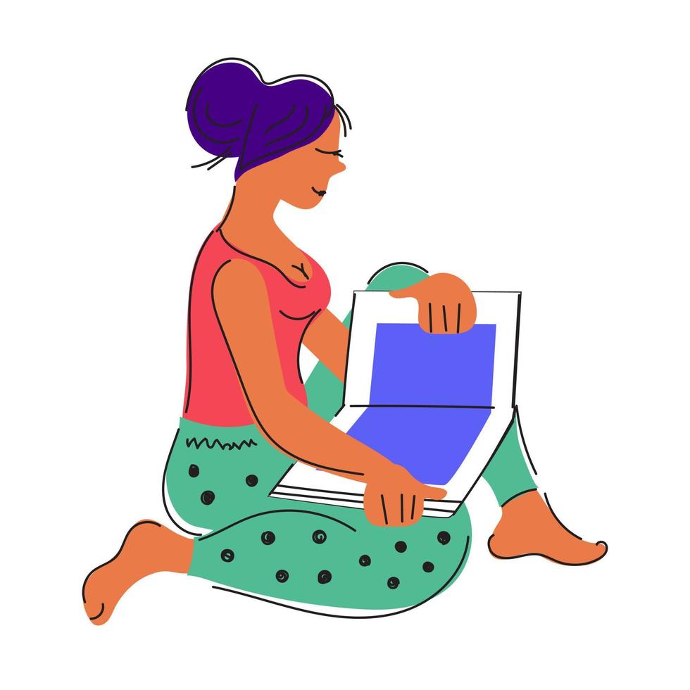une femme est assise avec un livre et lit, symbole de la journée du livre. amoureux des livres ou amoureux de la littérature doodle vector illustration isolé sur fond blanc.