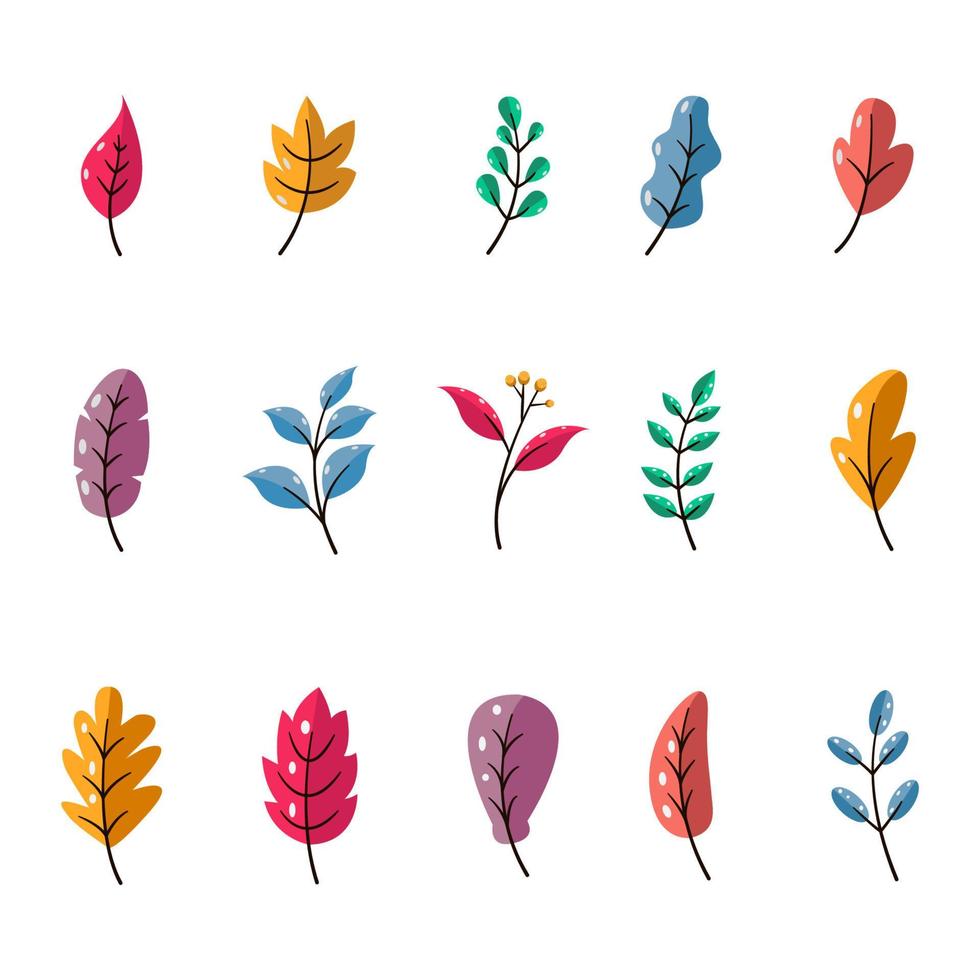 collection de feuilles isolées sur fond blanc. feuilles de différents arbres ensemble d'illustrations vectorielles. feuillage forestier, feuilles rouges, bleues, vertes, jaunes, brunes. vecteur