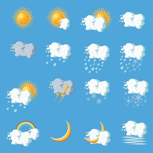 Icônes météo en style cartoon sur fond bleu. vecteur