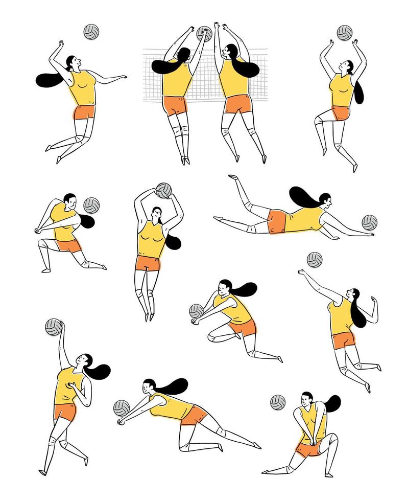 dessin au trait femme jouant au volleyball dans diverses actions vecteur