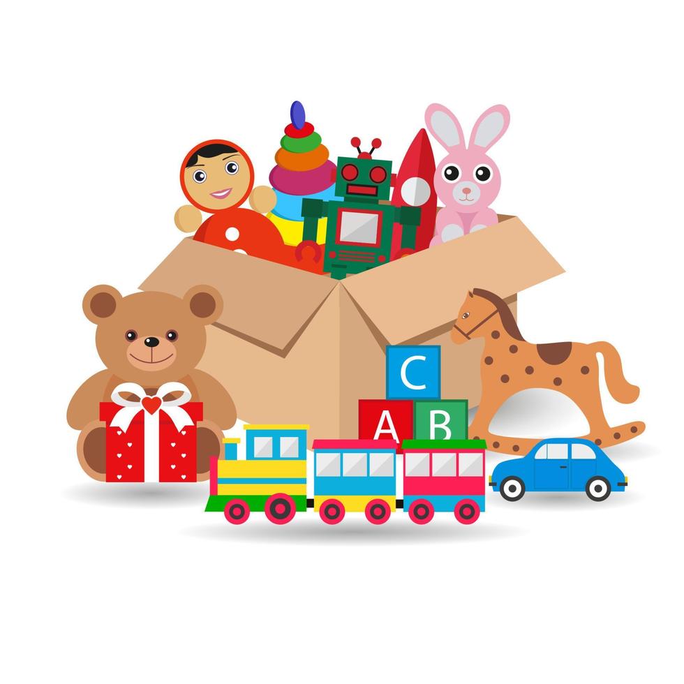 illustration d'une boîte en carton avec des jouets et des cadeaux avec une ombre vecteur