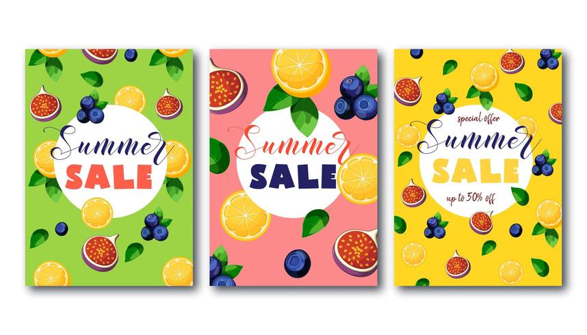 Flyers de vente d&#39;été sertie de fruits colorés vecteur