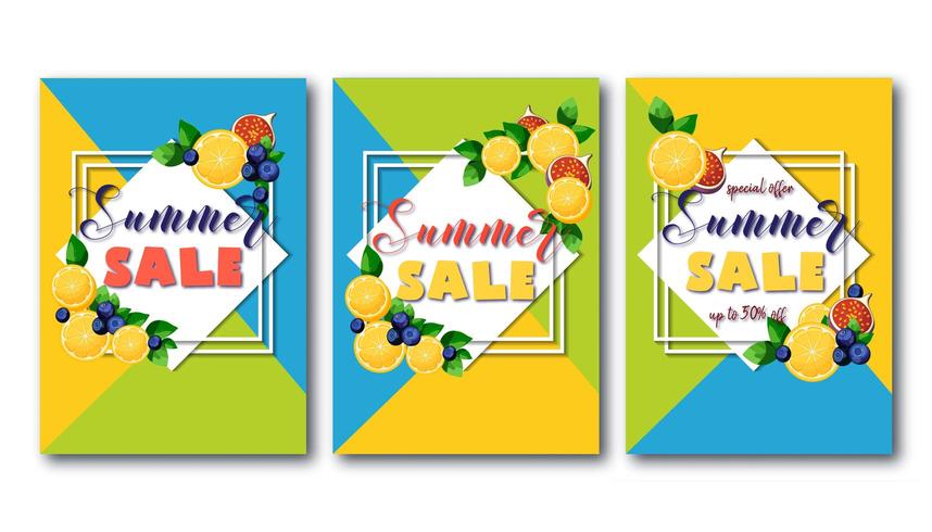 Flyers de vente d&#39;été sertie de fruits colorés vecteur