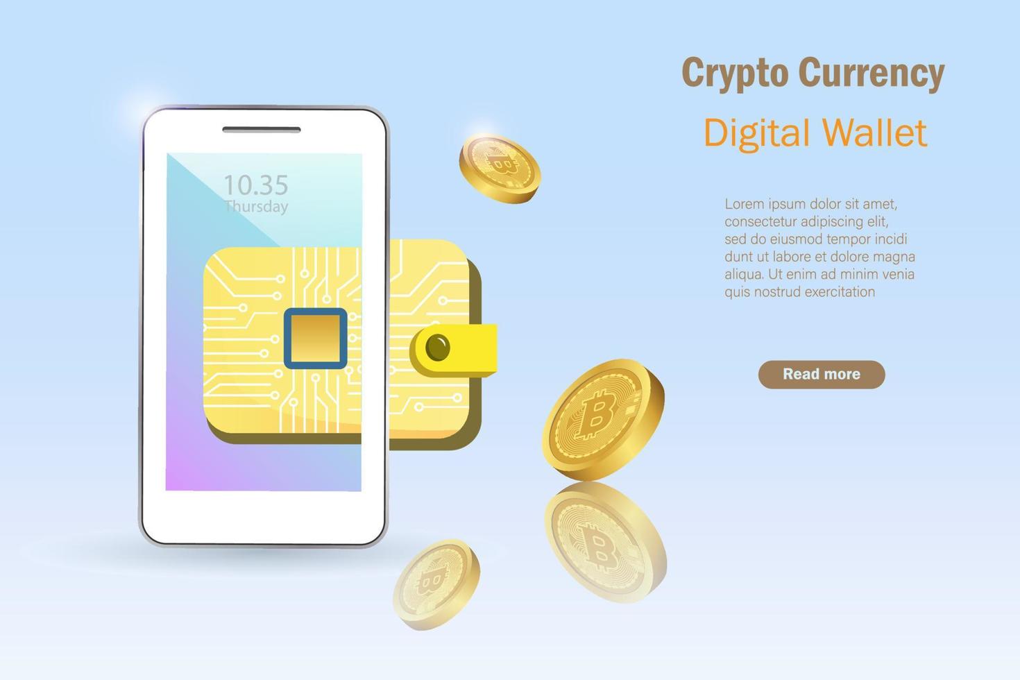 portefeuille électronique numérique, monnaie cryptée bitcoin 3d avec micropuces sur smartphone. monnaie numérique cryptée dans un compte de portefeuille électronique. investissement bitcoin, concept de finance décentralisée défi. vecteur