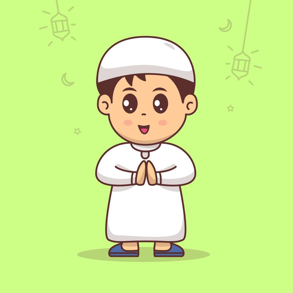 mignon garçon célébrant le ramadan mubarak, illustration vectorielle de dessin animé eid mubarak vecteur