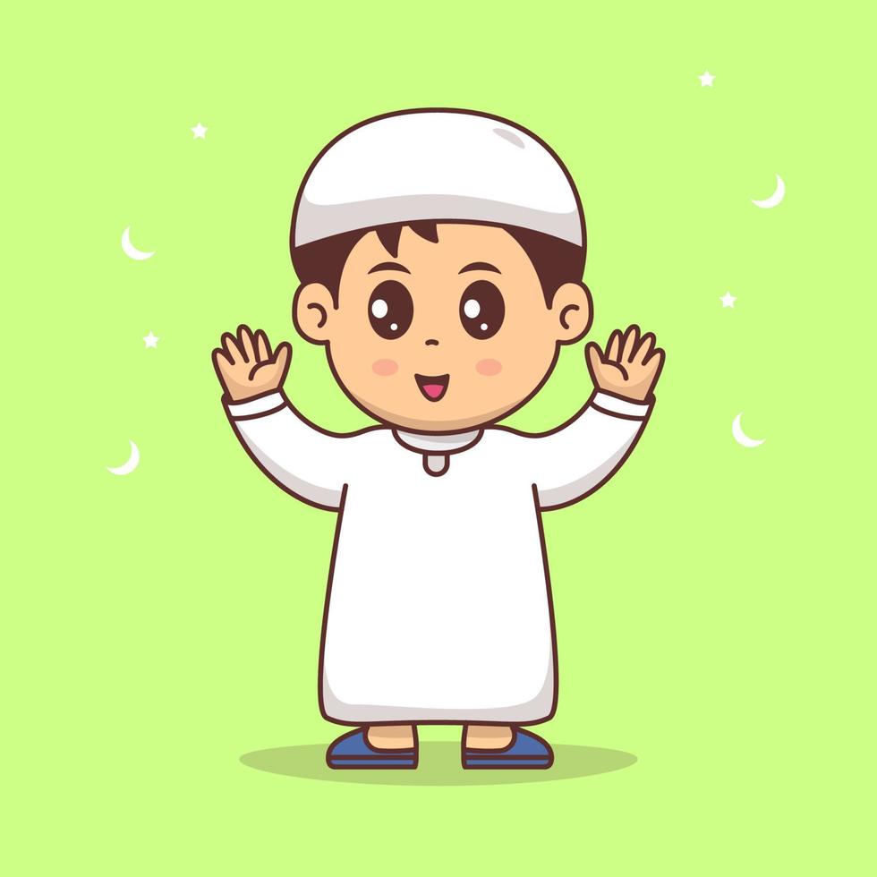 mignon garçon heureux de célébrer le ramadan mubarak, illustration vectorielle de dessin animé eid mubarak vecteur