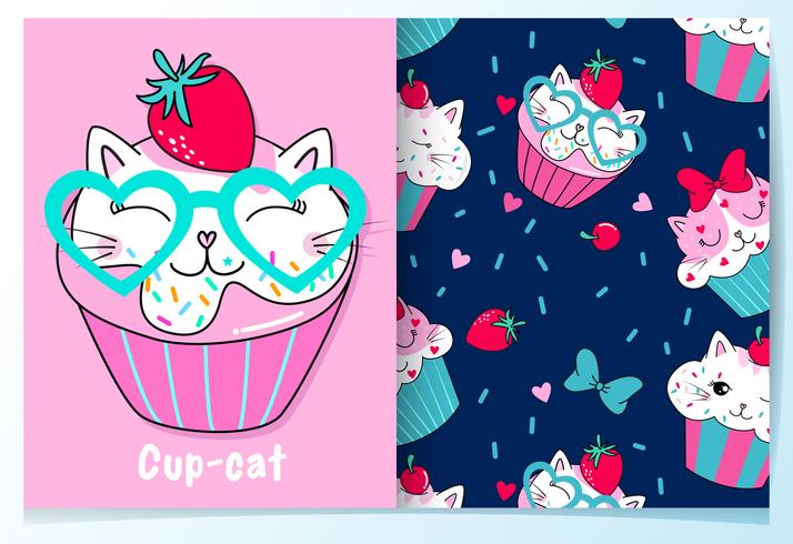 Cupcake de chat mignon dessiné avec motif vecteur